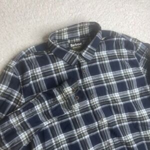 Barbour International Lane Shirt Men Large Slim Plaid Cotton Navy MSH3789OL92